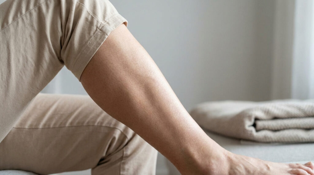 Gros plan sur la jambe et le pied d'une personne en pantalon clair, au repos. Le mollet est visible, à droite une couverture pliée.