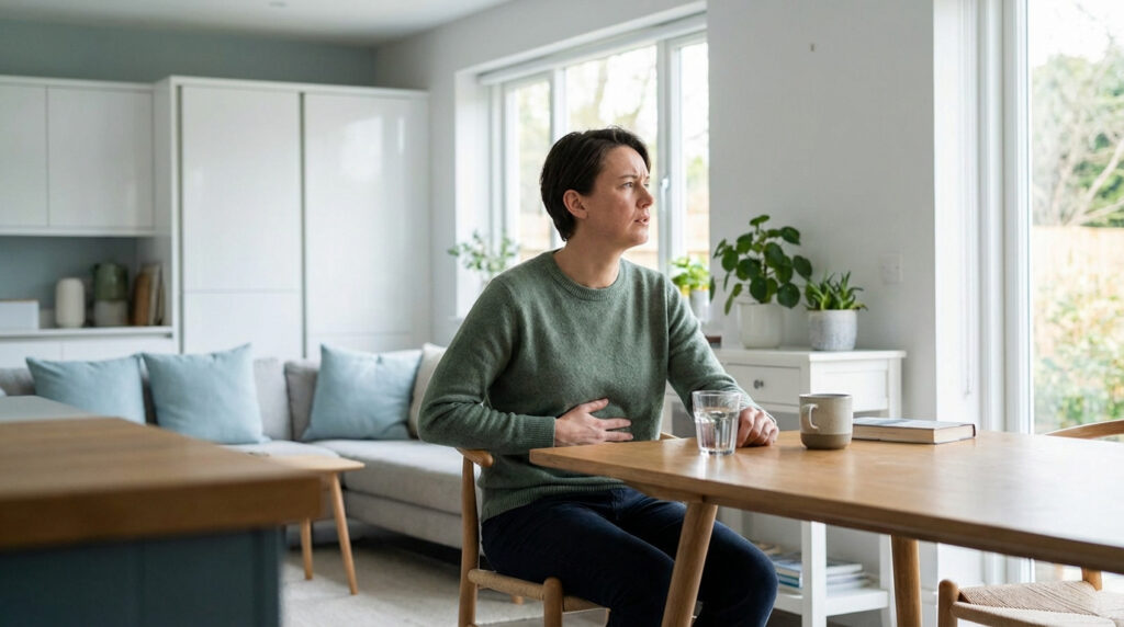 Femme aux cheveux courts, vêtue d'un pull vert, assise à une table en bois, la main sur l'estomac, l'air mal à l'aise.