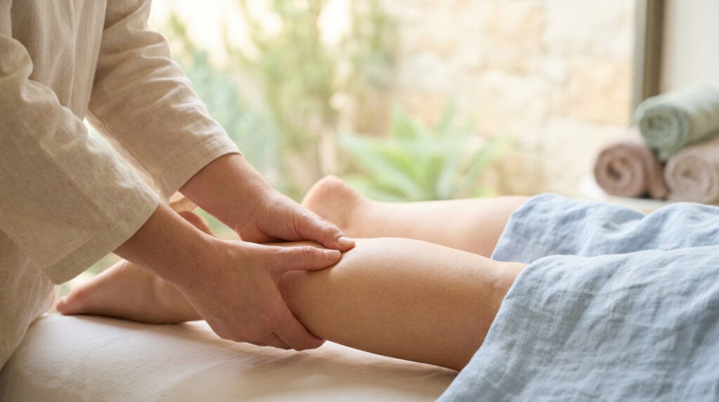 Mains appliquant une pression thérapeutique sur le mollet d'une personne allongée, dans un cadre apaisant de soin ou d'acupression.