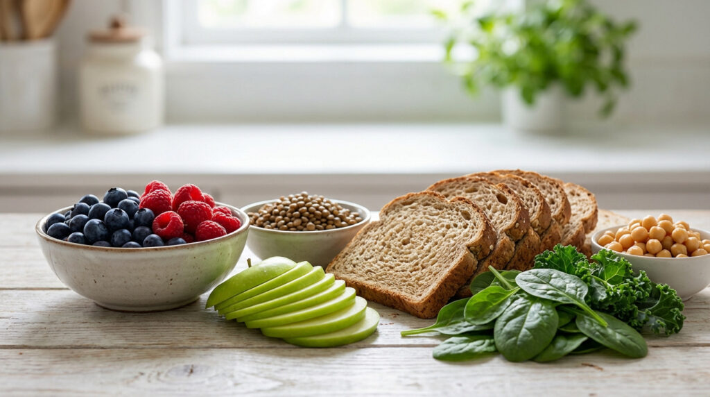 Assortiment d'aliments riches en fibres sur une table : baies, pomme, lentilles, pois chiches, épinards, chou frisé et pain complet.