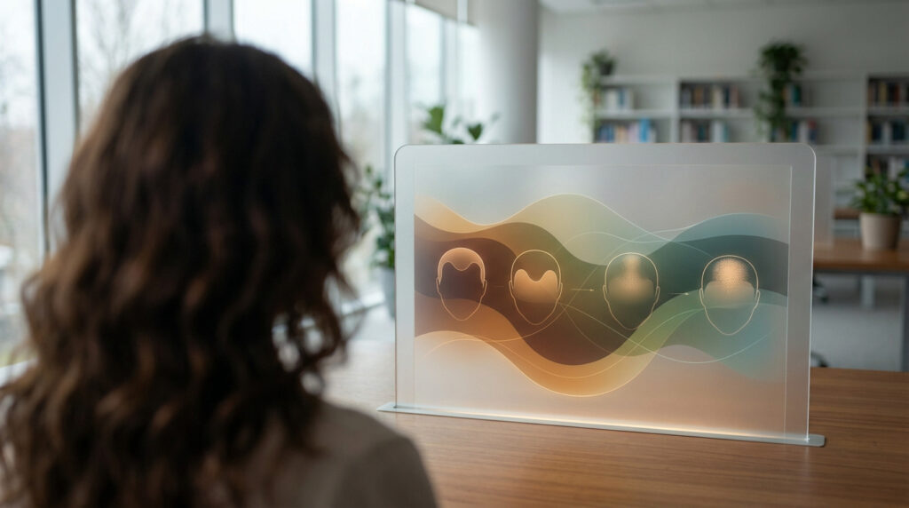 Femme de dos regardant un écran transparent affichant des illustrations de têtes montrant les étapes de la calvitie, dans un bureau moderne.