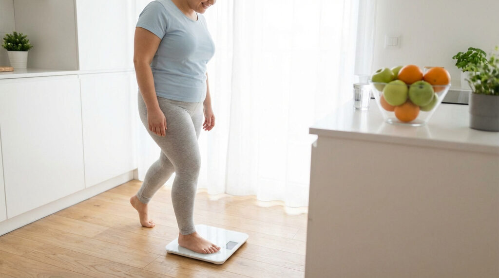 Personne se pesant sur une balance numérique dans une cuisine lumineuse. Des fruits frais sont sur le comptoir.