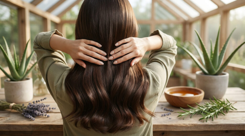 Femme de dos avec de longs cheveux bruns, entourée d'aloès, lavande et romarin pour un soin capillaire naturel.