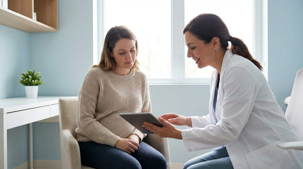 Une médecin souriante montre une tablette à une femme enceinte attentive en consultation médicale. Lumière naturelle.
