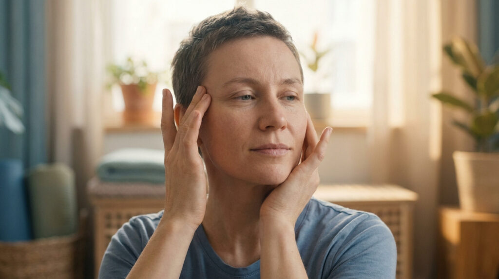 Femme réalisant un auto-massage des tempes et de la mâchoire, cherchant le soulagement de la tension.
