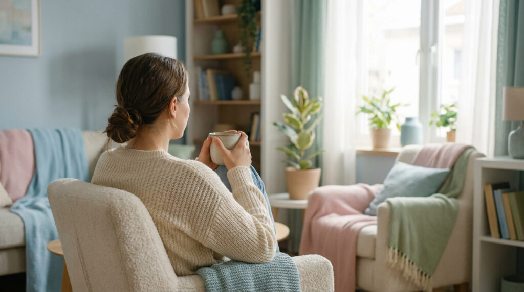 Femme assise de dos dans un fauteuil, tenant une tasse, regardant par la fenêtre dans un salon confortable. Symbole de repos et de récupération.