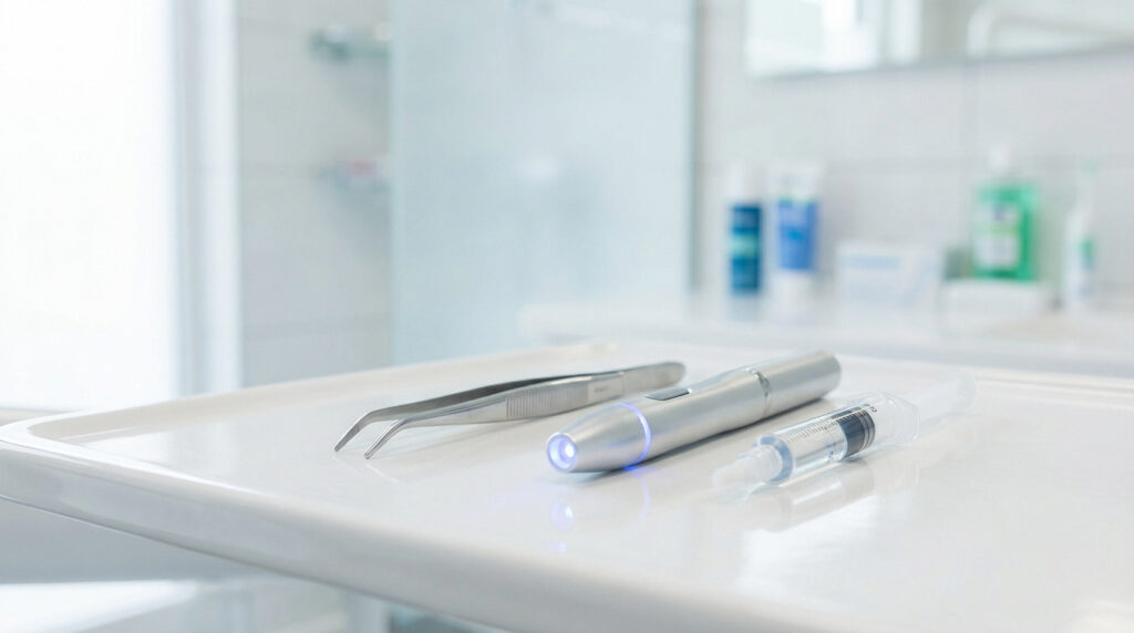 Gros plan sur une pince chirurgicale, un stylo lumineux et une seringue sur un plateau blanc dans un environnement médical.