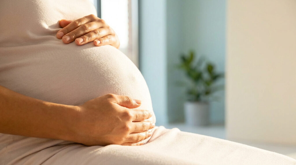 Gros plan sur le ventre rond d'une femme enceinte, mains croisées doucement. Lumière naturelle claire dans une pièce lumineuse.
