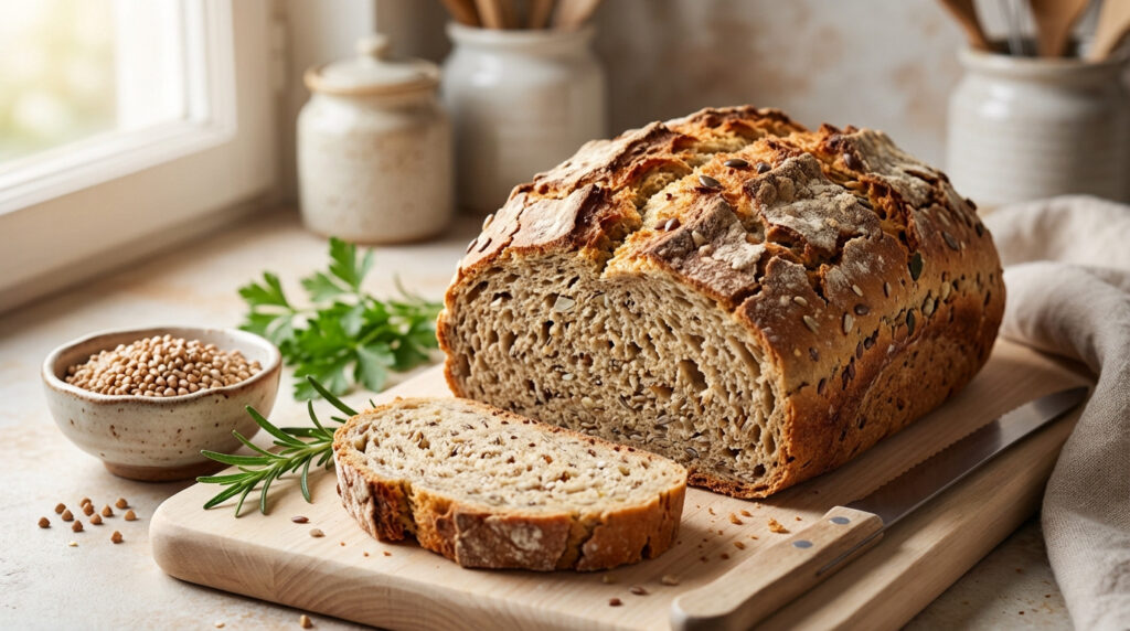Pain sans gluten aux graines, fraîchement tranché sur une planche en bois avec un bol de sarrasin et des herbes fraîches.