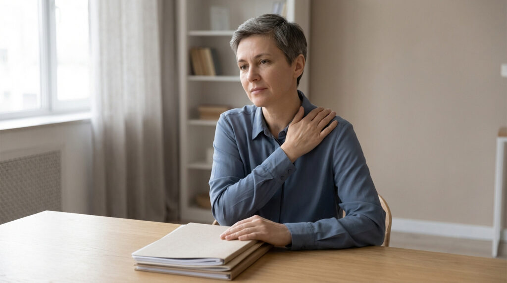Femme à un bureau, la main sur son épaule droite en signe de douleur, regard pensif. Des dossiers professionnels sont sur la table.
