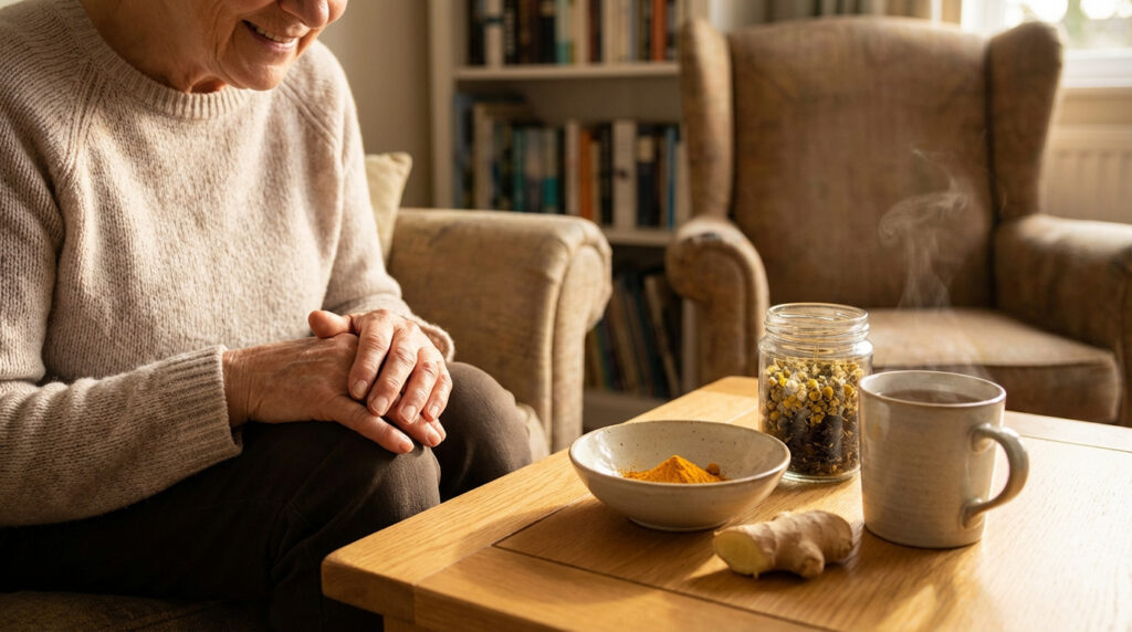 Personne âgée souriante près de remèdes naturels (curcuma, gingembre, camomille) et une tasse de tisane fumante. Soulagement de la polyarthrite.